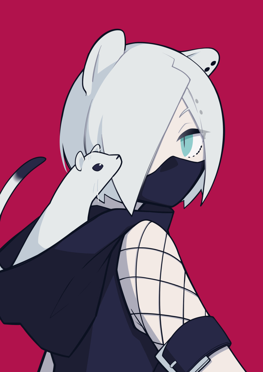 1girl, absurdres, animal_ears, arknights, black_hoodie, black_mask, blue_eyes, commentary