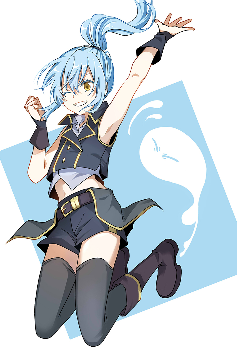 1girl, arm_up, armpits, black_boots, black_shorts, black_vest, blue_hair, boots
