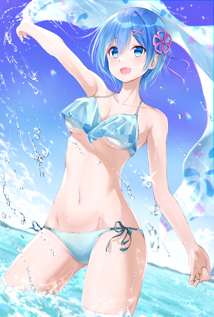 1girl, :d, arm_up, bikini, blue_bikini, blue_eyes, blue_hair, blue_sky