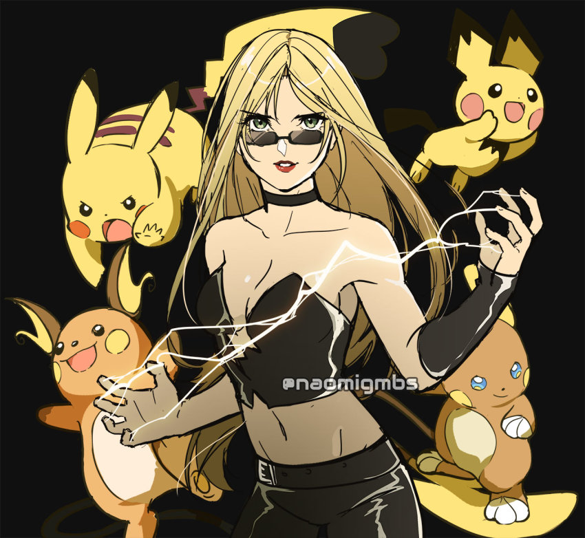 1girl, alolan_form, alolan_raichu, blonde_hair, breasts, capcom, cleavage, commentary_request