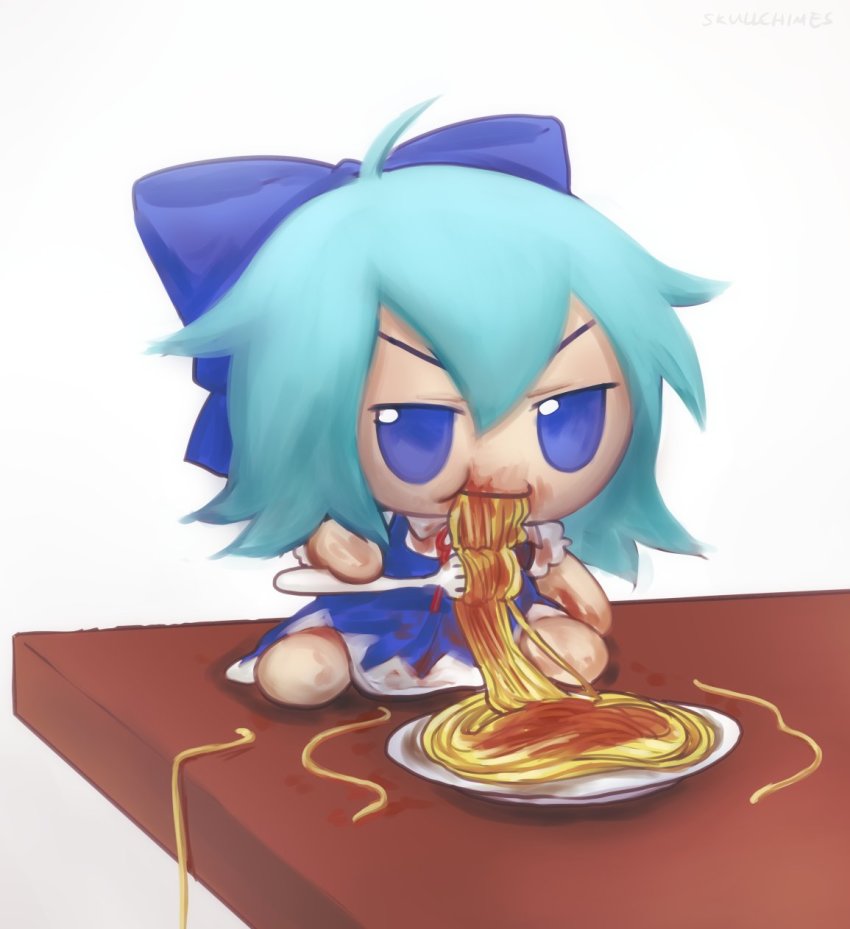 1girl, ahoge, blue_dress, blue_eyes, blue_hair, cirno, dress, eating