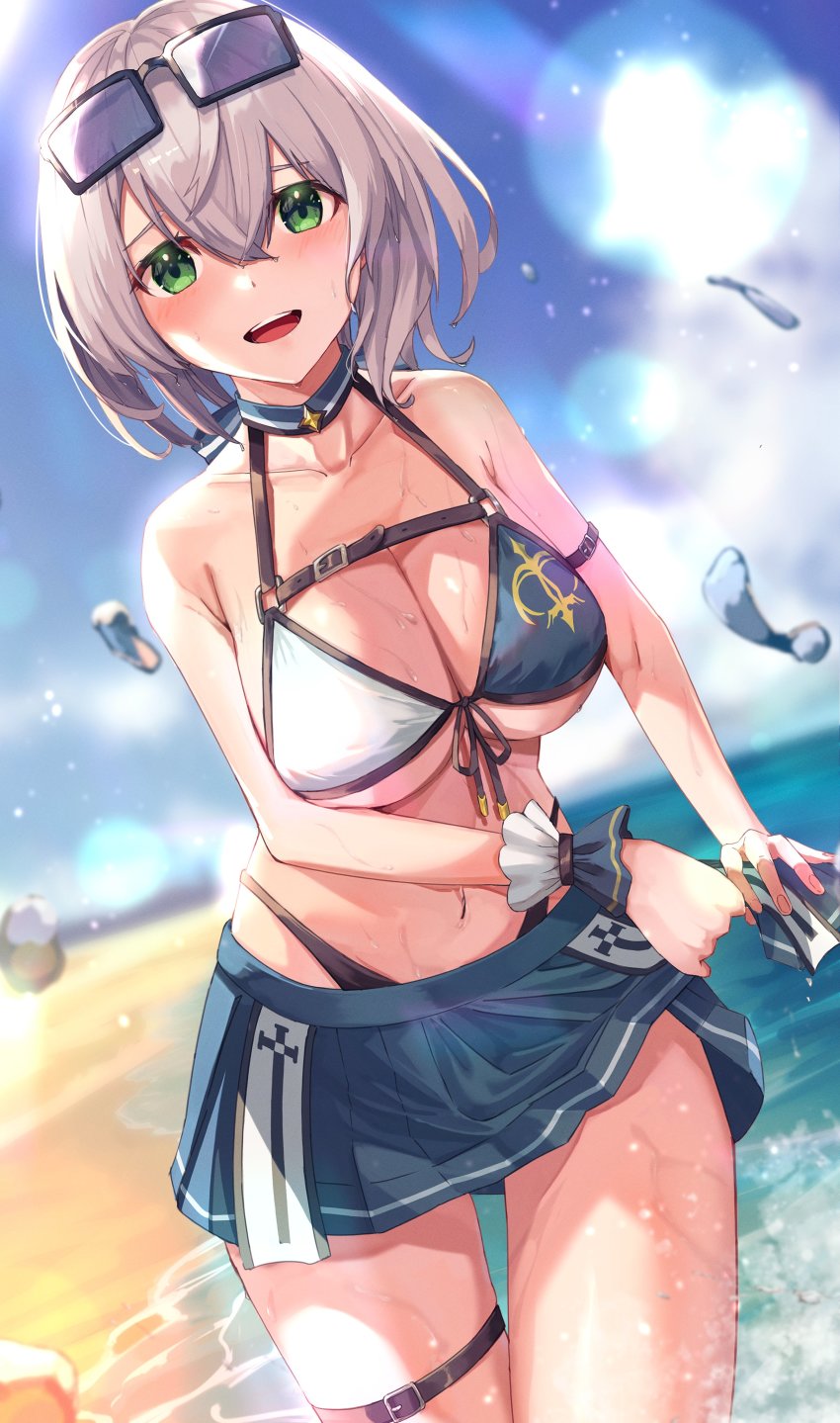1girl, absurdres, almico, arm_strap, beach, bikini, bikini_skirt, blue_sky