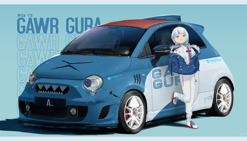 1girl, abarth, bloop_(gawr_gura), blue_background, blue_eyes, blue_hair, blue_jacket, bodysuit, car, character_name, closed_mouth, commentary, english_commentary, ex-trident, fiat_nuova_500, full_body, gawr_gura, hands_in_pockets, highres, hololive, hololive_english, jacket, looking_at_viewer, motor_vehicle, multicolored_hair, simple_background, smile, solo, standing, standing_on_one_leg, two-tone_hair, vehicle_focus, virtual_youtuber, white_bodysuit, white_hair