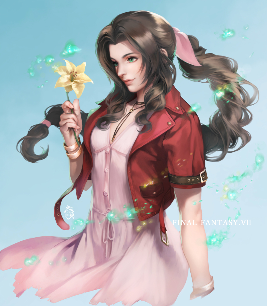 1girl, absurdres, aerith_gainsborough, artist_name, bracelet, brown_hair, copyright_name, cropped_jacket