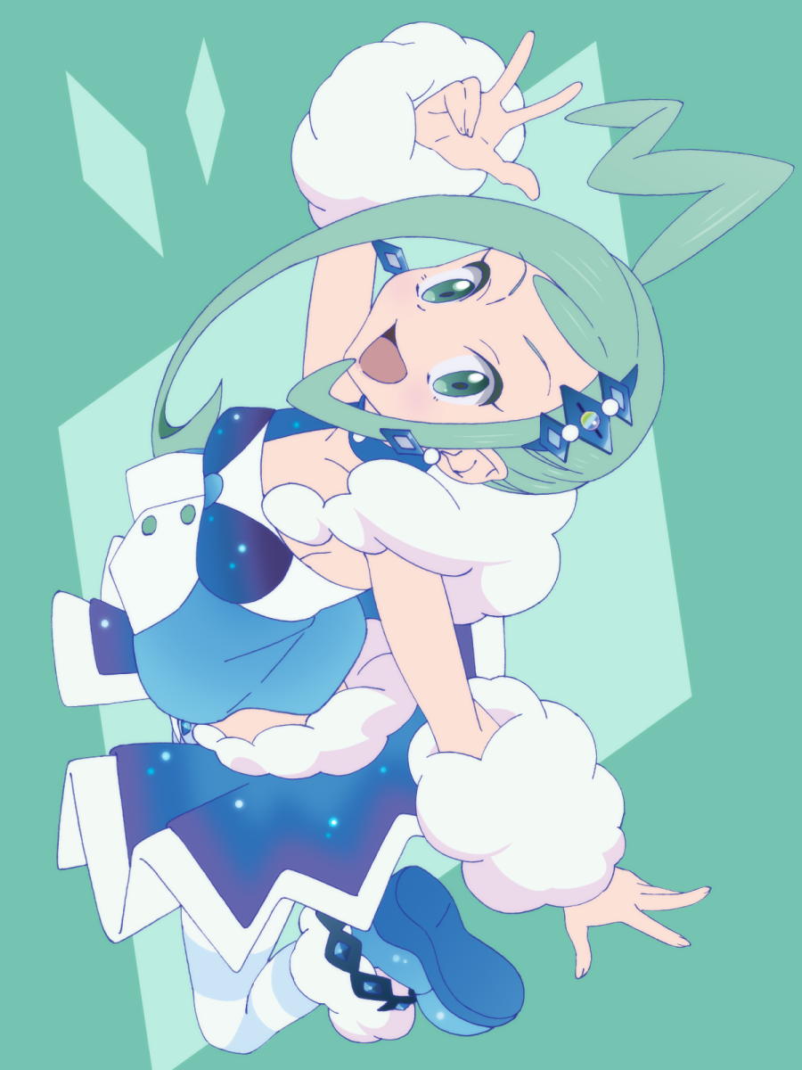 1girl, aqua_background, aqua_eyes, aqua_hair, aqua_nails, arm_at_side, arm_up, arm_warmers