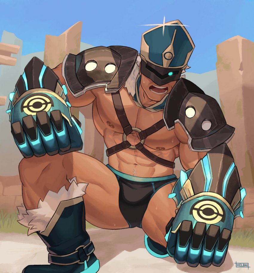 1boy, abs, absurdres, anemoboxer_vanguard_(genshin_impact), bara, bare_pectorals, black_briefs, black_male_underwear, briefs, bulge, chest_harness, full_body, gauntlets, genshin_impact, glowing, glowing_eye, harness, helbai, highres, large_pectorals, male_focus, male_underwear, muscular, muscular_male, navel, navel_hair, nipples, no_pants, o-ring, o-ring_top, paid_reward_available, pectorals, solo, stomach, sweat, thick_thighs, thighs, underwear