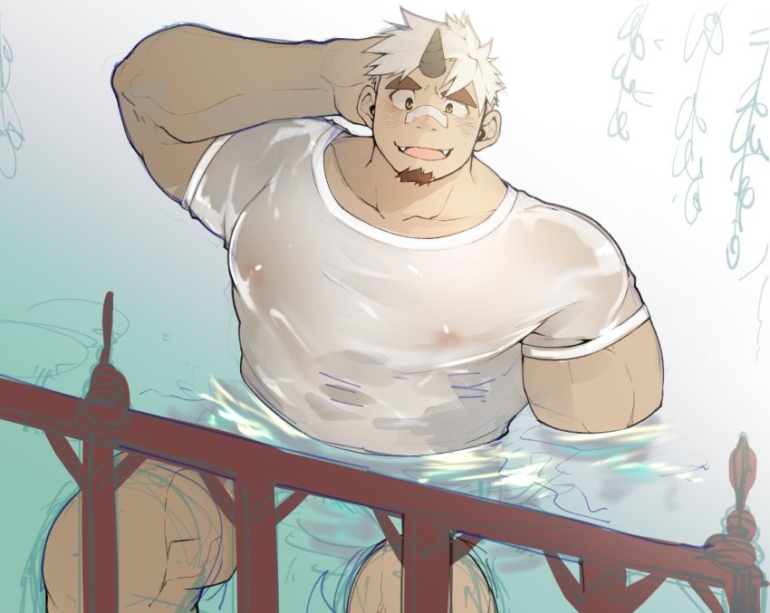 1boy, akiha_gongen_(housamo), arm_behind_head, bandaid, bandaid_on_face, bandaid_on_nose, bara, blush