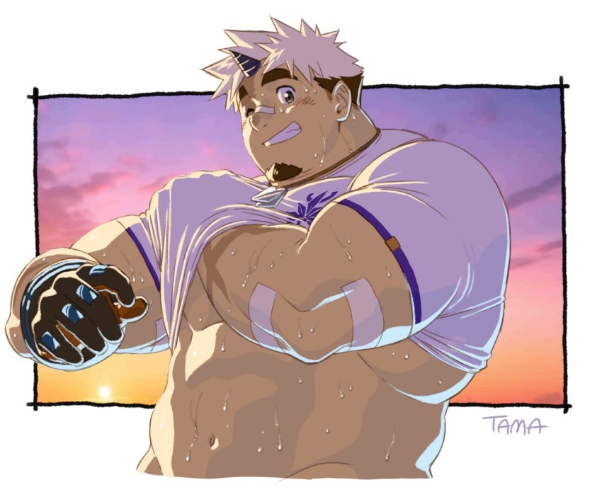 1boy, akiha_gongen_(housamo), bandaid, bandaid_on_face, bandaid_on_nose, bara, blush, clothes_lift