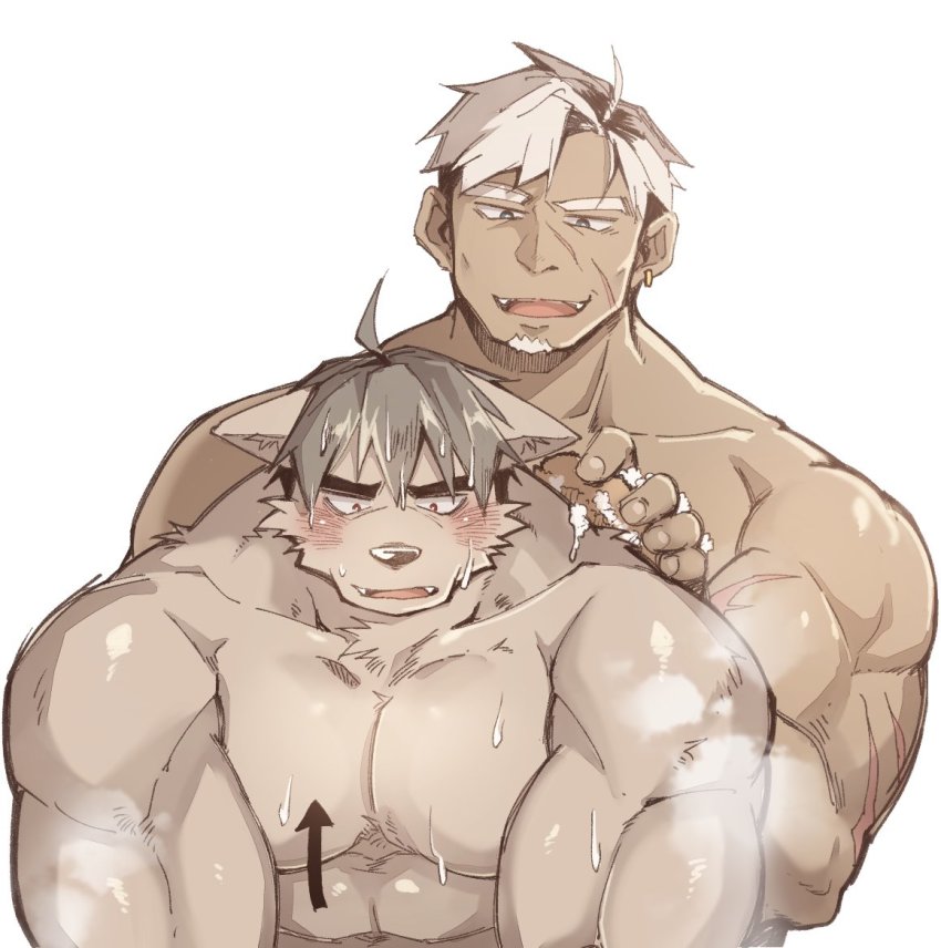 2boys, abs, animal_ears, bara, bathing, blush, completely_nude, dark-skinned_male