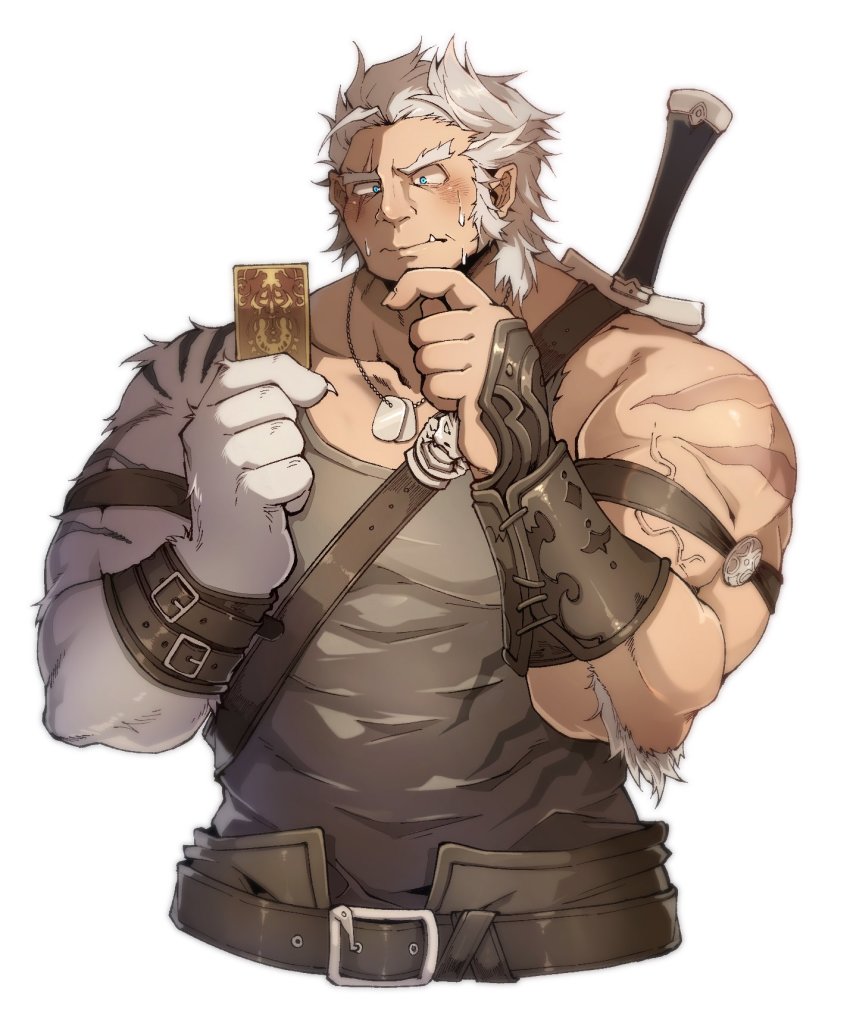 1boy, arm_hair, bara, bare_shoulders, belt, blush, body_fur, brown_belt