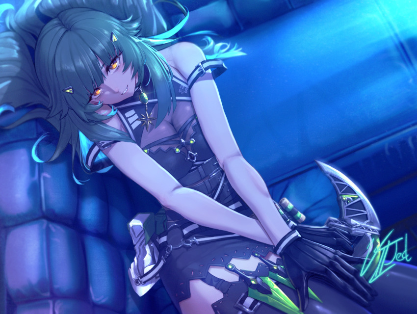 1girl, arm_strap, black_gloves, black_skirt, black_thighhighs, breasts, gloves, green_hair