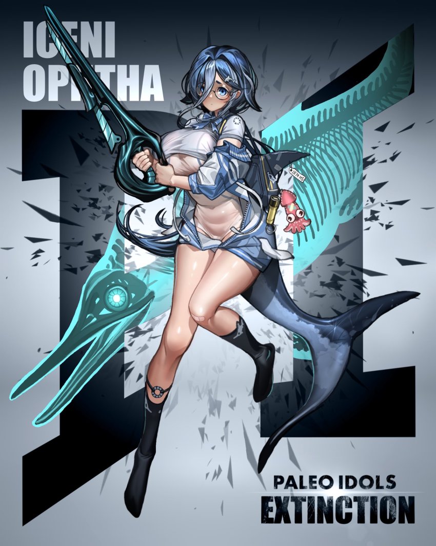 1girl, black_footwear, blue_bow, blue_eyes, blue_jacket, bow, covered_navel, dinosaur_girl