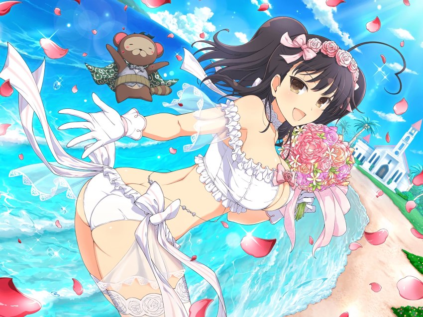 1girl, ass, ass_focus, bare_hips, bare_shoulders, beach, black_hair, breasts