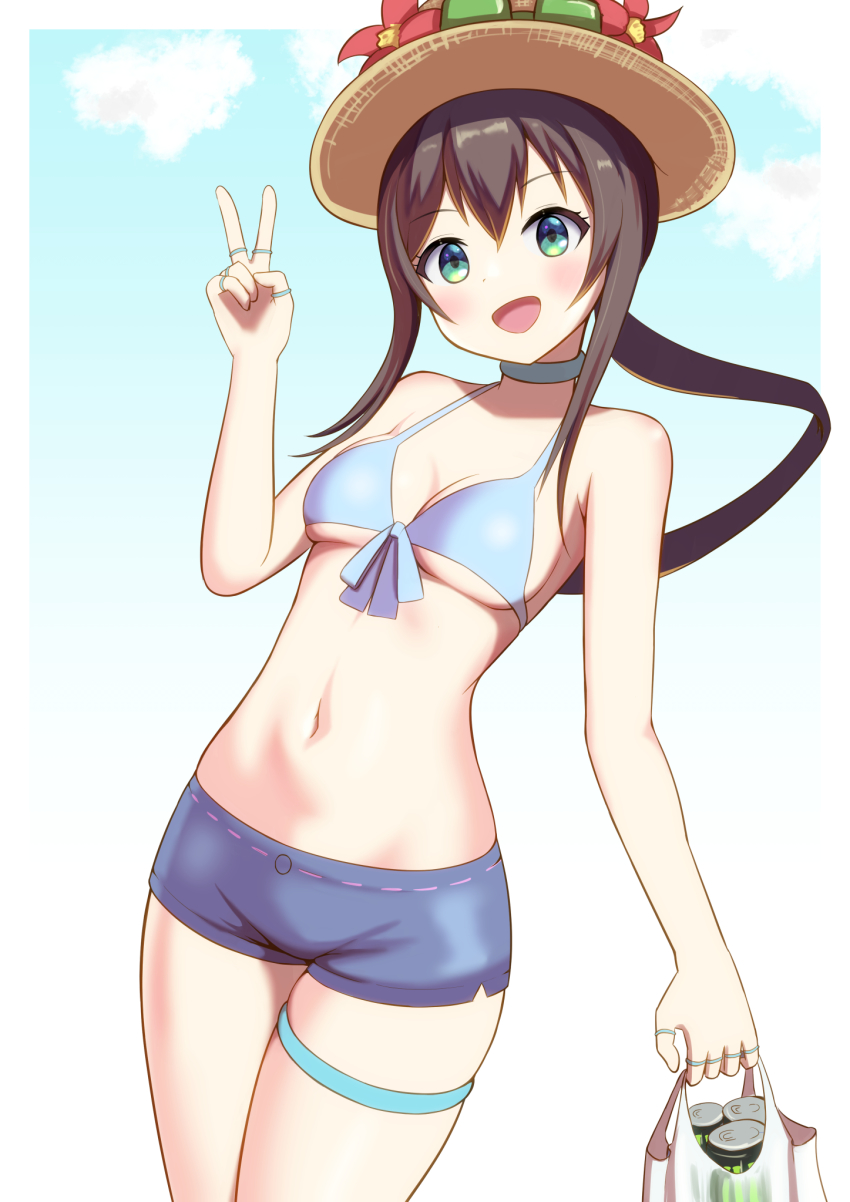 1girl, :d, amiya_(arknights), arknights, bare_arms, bare_shoulders, bikini, black_hair
