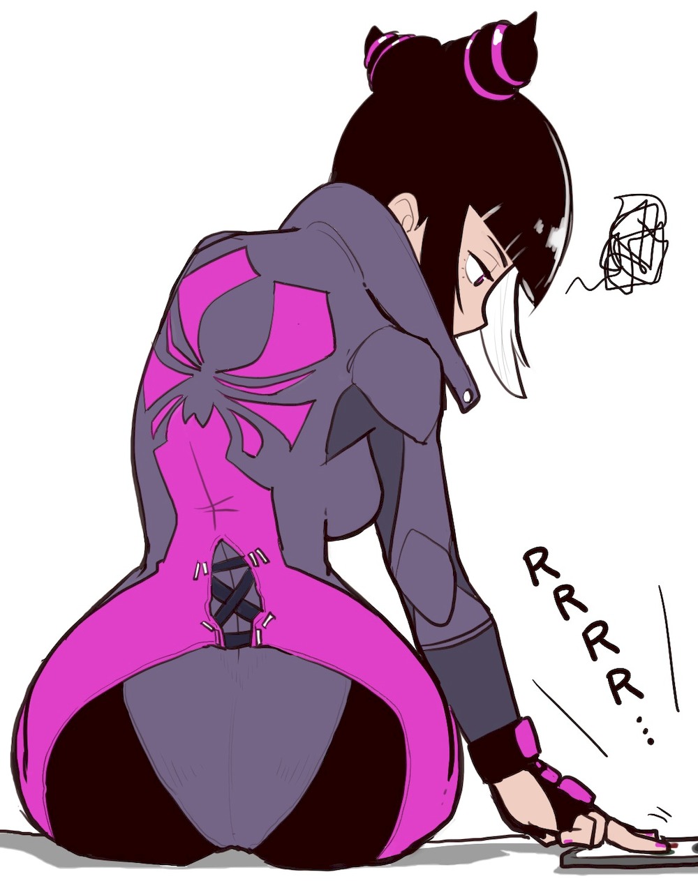 1girl, ass, black_hair, blunt_bangs, bodysuit, cellphone, drill_hair, fingerless_gloves