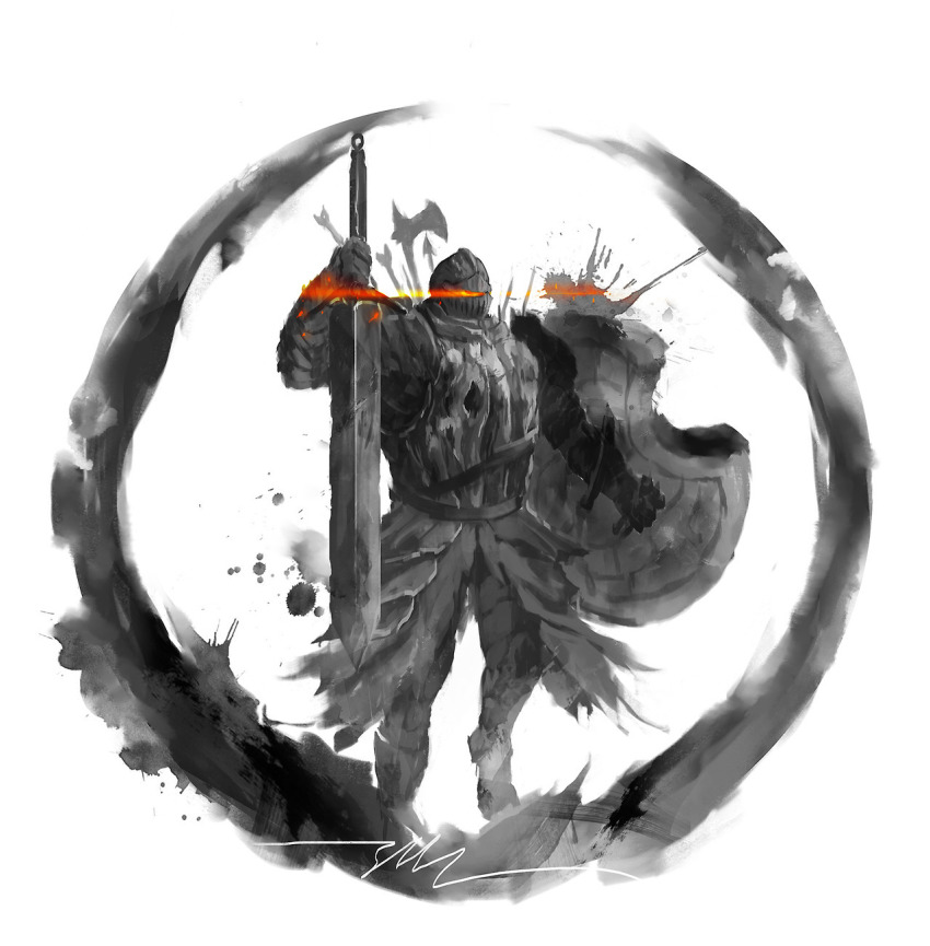 armor, axe, dark_souls_(series), dark_souls_ii, full_armor, glowing, glowing_eyes, helmet