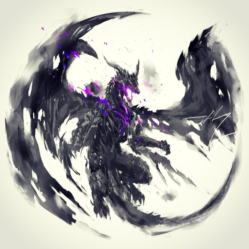 dark_souls_(series), dark_souls_iii, darkeater_midir, dragon, full_body, highres, no_humans, open_mouth, shimhaq, signature, spread_wings