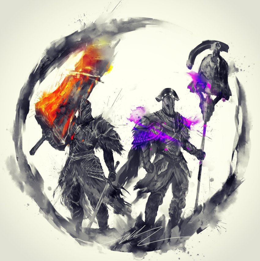 2boys, armor, breastplate, commentary, dark_souls_(series), dark_souls_ii, dual_wielding, english_commentary, full_armor, fume_knight, gauntlets, helmet, highres, holding, holding_sword, holding_weapon, mace, male_focus, multiple_boys, pauldrons, polearm, shimhaq, shoulder_armor, standing, sword, velstadt_the_royal_aegis, waist_cape, weapon