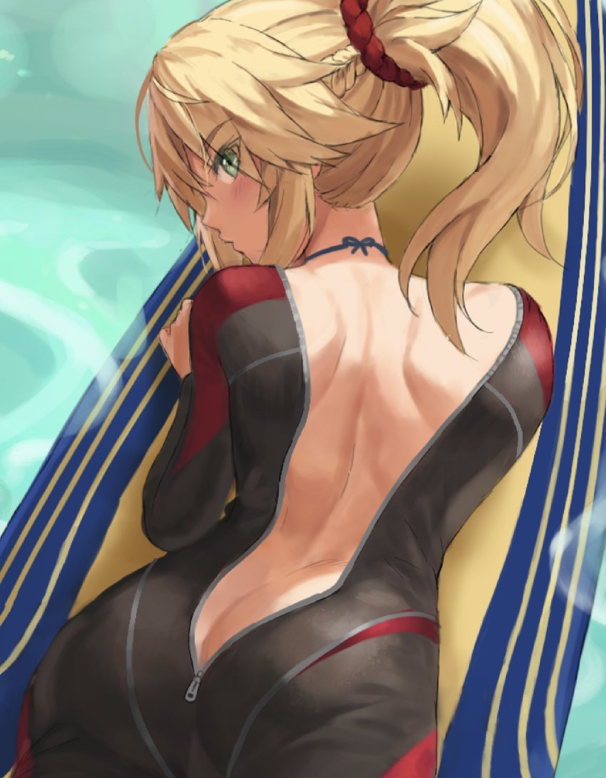 1girl, ass, back, bad_id, bad_twitter_id, black_bodysuit, blonde_hair, bodysuit, braid, breasts, butt_crack, diving_suit, fate/apocrypha, fate/grand_order, fate_(series), green_eyes, hair_ornament, hair_scrunchie, half_up_braid, highres, long_hair, looking_at_viewer, looking_back, mordred_(fate), mordred_(fate/apocrypha), parted_bangs, ponytail, prydwen_(fate), scrunchie, sidelocks, small_breasts, solo, surfboard, tonee, wetsuit, zipper