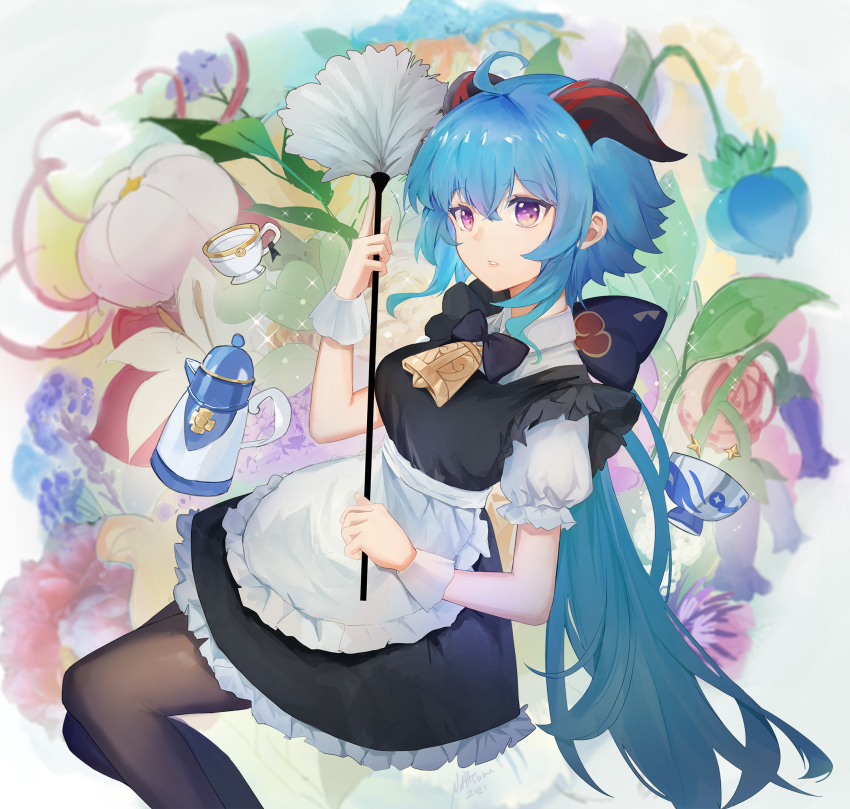 alternate_costume, apron, black_dress, blue_flower, breasts, cup, dress, duster