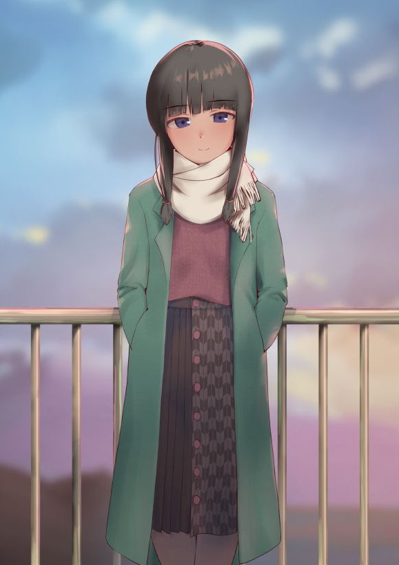 1girl, alternate_costume, asymmetrical_skirt, black_eyes, black_hair, black_pantyhose, black_skirt, blue_sky, blunt_bangs, brown_shirt, closed_mouth, cloud, coat, commentary_request, green_coat, hair_ribbon, hands_in_pockets, kantai_collection, kitakami_(kancolle), kitakami_(sasebo)_(kancolle), kitakami_(sasebo_2019)_(kancolle), long_hair, long_skirt, looking_at_viewer, outdoors, pantyhose, pleated_skirt, railing, ribbon, sakiecho, scarf, school_uniform, serafuku, shirt, sidelocks, skirt, sky, solo, standing, tress_ribbon, white_scarf, winter_clothes