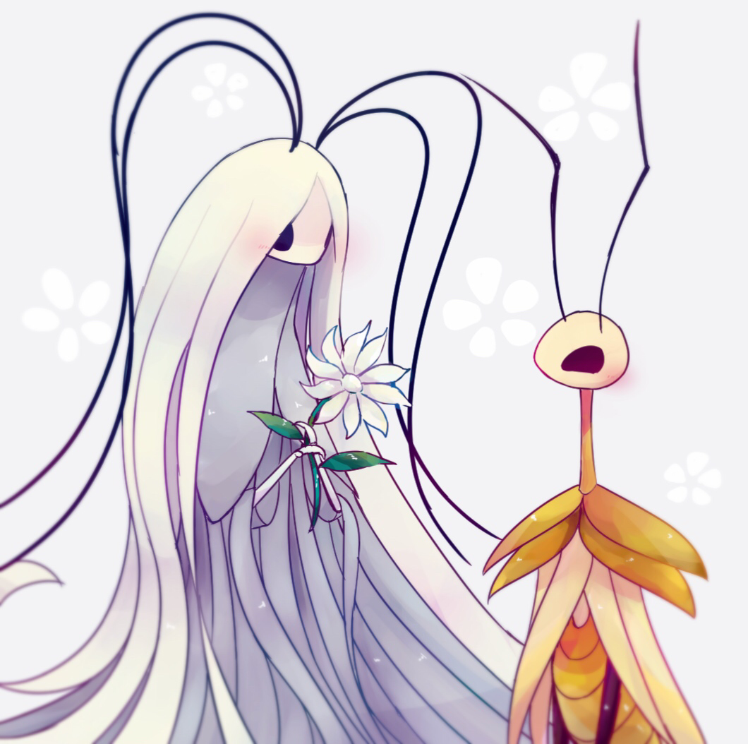 1boy, 1girl, blush, bug, couple, everbloom_(hollow_knight), flower, hetero, hollow_knight, insect, masyu_ori, moth, no_humans, praying_mantis, traitor's_child_(hollow_knight), white_flower, ze'mer_(hollow_knight)