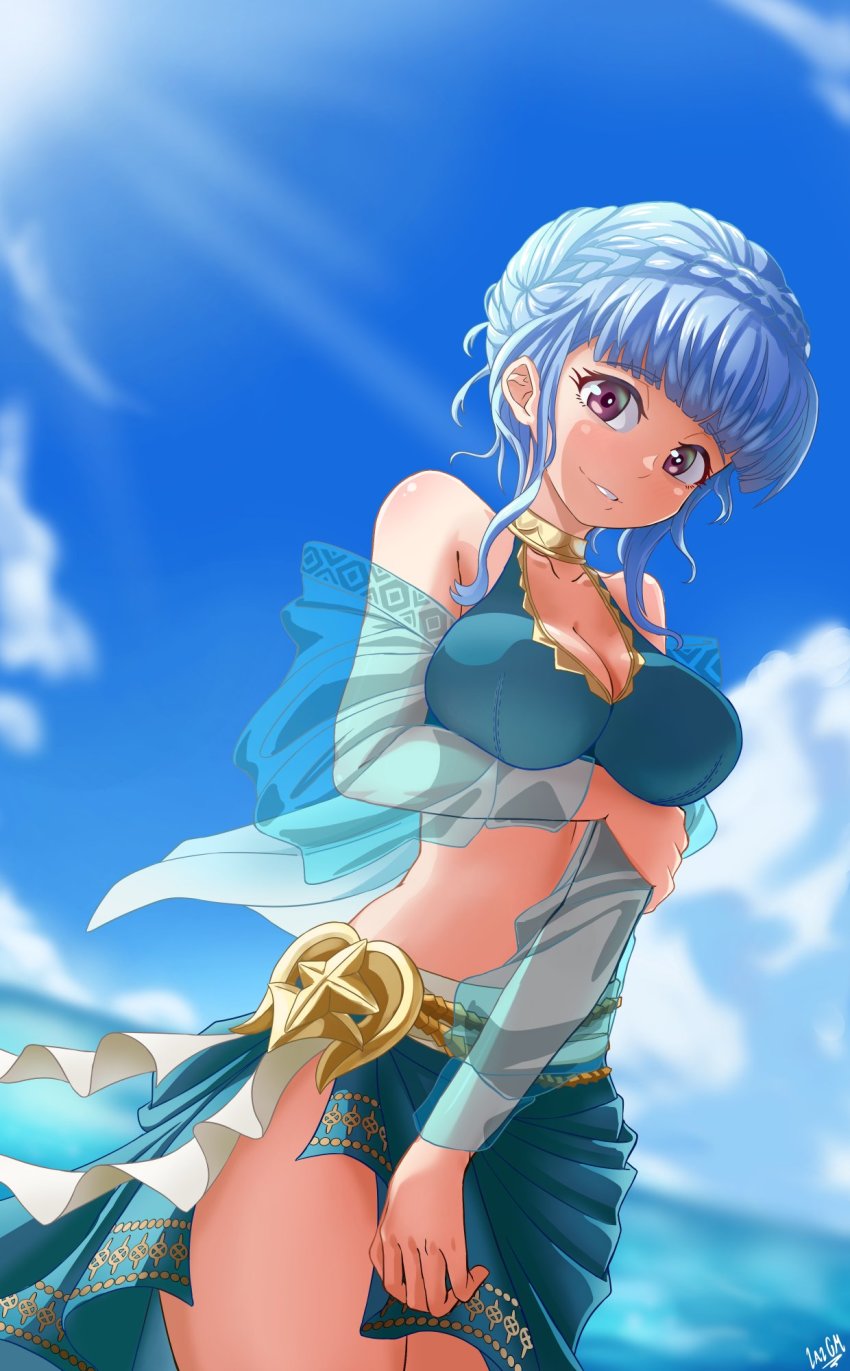 1girl, bare_shoulders, bikini, blue_hair, braid, braided_bun, breast_hold, breasts, cleavage, crown_braid, fire_emblem, fire_emblem:_three_houses, hair_bun, highres, large_breasts, laz_gm, lazgm, looking_at_viewer, marianne_von_edmund, nintendo, purple_eyes, smile, solo, swimsuit