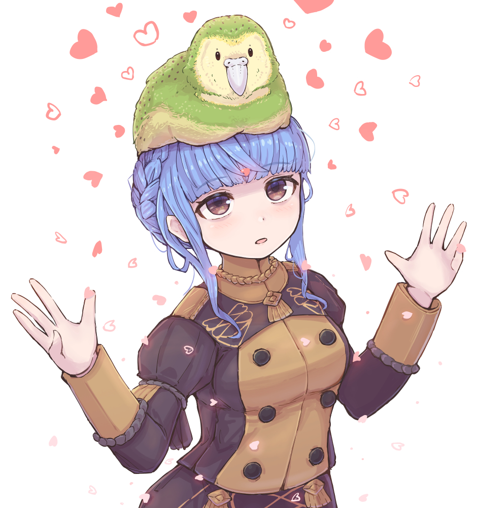 1girl, animal, animal_on_head, bird, bird_on_head, blue_hair, blunt_bangs, braid, breasts, brown_eyes, buttons, crown_braid, double-breasted, fire_emblem, fire_emblem:_three_houses, garreg_mach_monastery_uniform, heart, kakapo, kutabireta_neko, marianne_von_edmund, medium_breasts, nintendo, on_head, open_mouth, parrot, solo, upper_body