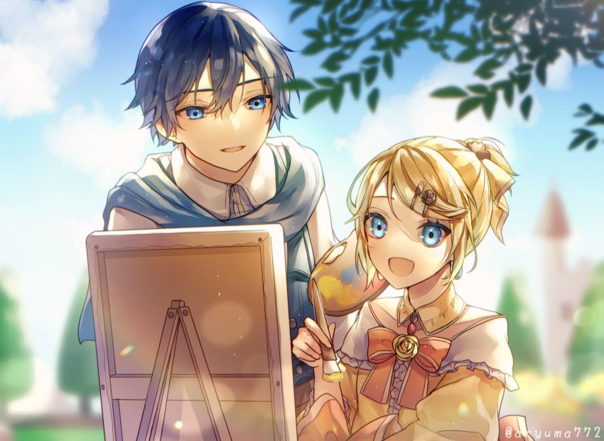 1boy, 1girl, aku_no_musume_(vocaloid), art_brush, artist_name, aryuma772, blonde_hair, blue_eyes