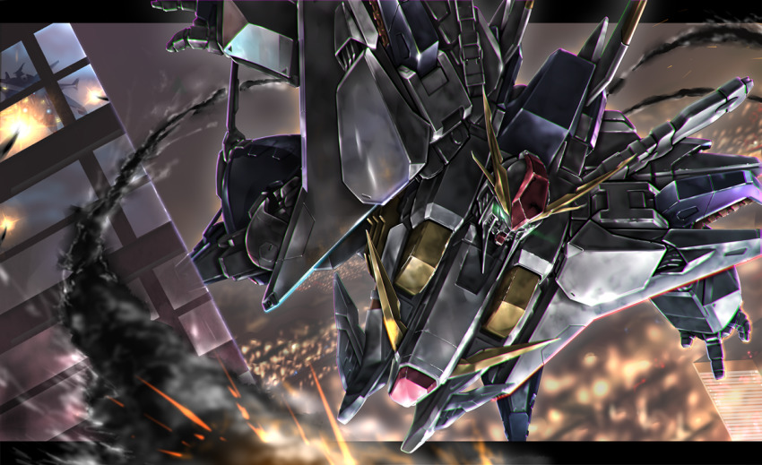 battle, blurry, blurry_background, building, cityscape, commentary_request, contrail, explosion, flying, glowing, glowing_eyes, gomibako_(shirokumatei), gundam, gundam:_hathaway's_flash, itano_circus, lights, machinery, mecha, missile, night, realistic, reflection, robot, science_fiction, smoke, window, xi_gundam
