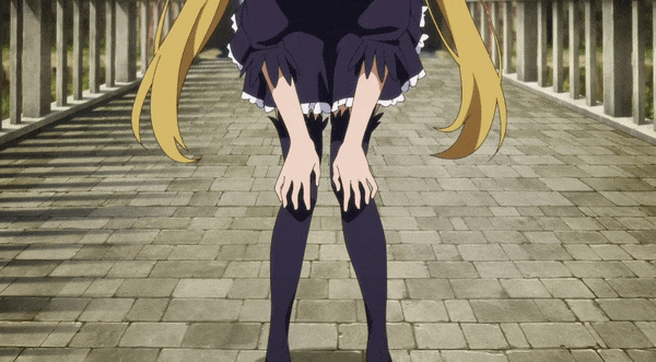 1girl, animated, animated_gif, black_dress, black_ribbon, blonde_hair, breasts, cleavage