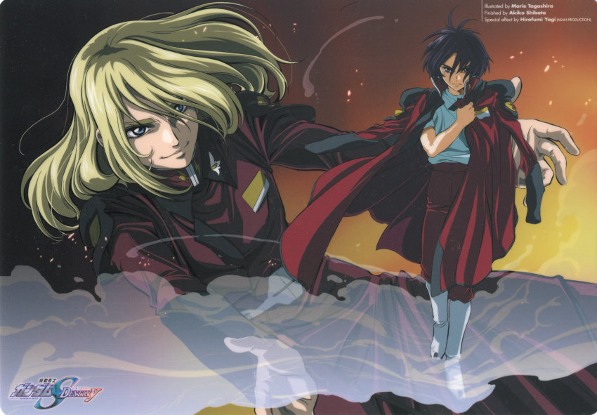 00s, 2boys, angry, beckoning, black_hair, blonde_hair, blue_eyes, cloud