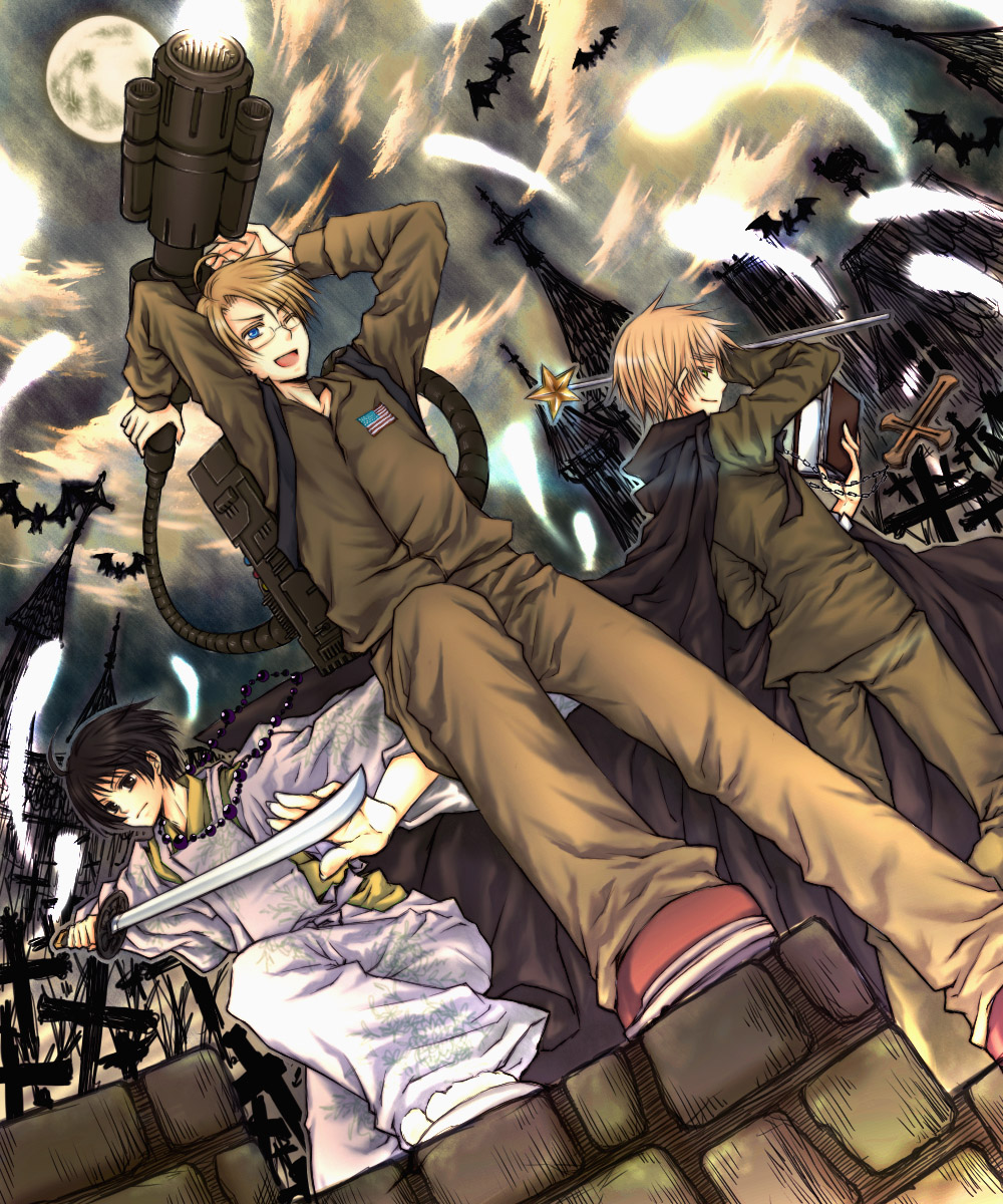 3boys, america_(hetalia), axis_powers_hetalia, bat_(animal), blue_eyes, cloak, cross, cross_necklace, dutch_angle, egon_spengler, from_below, full_moon, ghostbusters, highres, japan_(hetalia), jewelry, male_focus, moon, multiple_boys, necklace, open_mouth, outdoors, parody, proton_pack, roony_(pixiv), short_hair, smile, star_(symbol), sword, tombstone, united_kingdom_(hetalia), wand, weapon