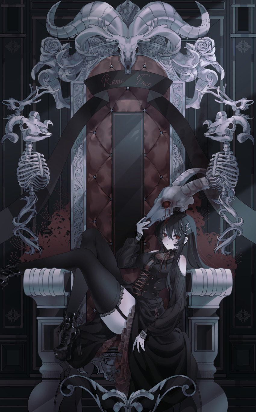 1girl, absurdres, animal_skull, arm_up, black_boots, black_dress, black_hair, black_nails, black_thighhighs, blood, boots, breasts, commentary, commission, corset, deer_skull, dress, foot_out_of_frame, frilled_dress, frills, garter_straps, hair_between_eyes, hair_ornament, high_heel_boots, high_heels, highres, holding, holding_skull, kithera, large_breasts, long_hair, long_sleeves, looking_at_viewer, nail_polish, original, parted_lips, ram_skull, red_eyes, skeleton, skull, skull_on_head, solo, thighhighs, throne