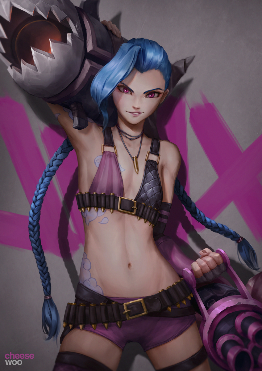 1girl, ammunition_belt, armpits, artist_name, asymmetrical_legwear, bandolier, belt, blue_hair