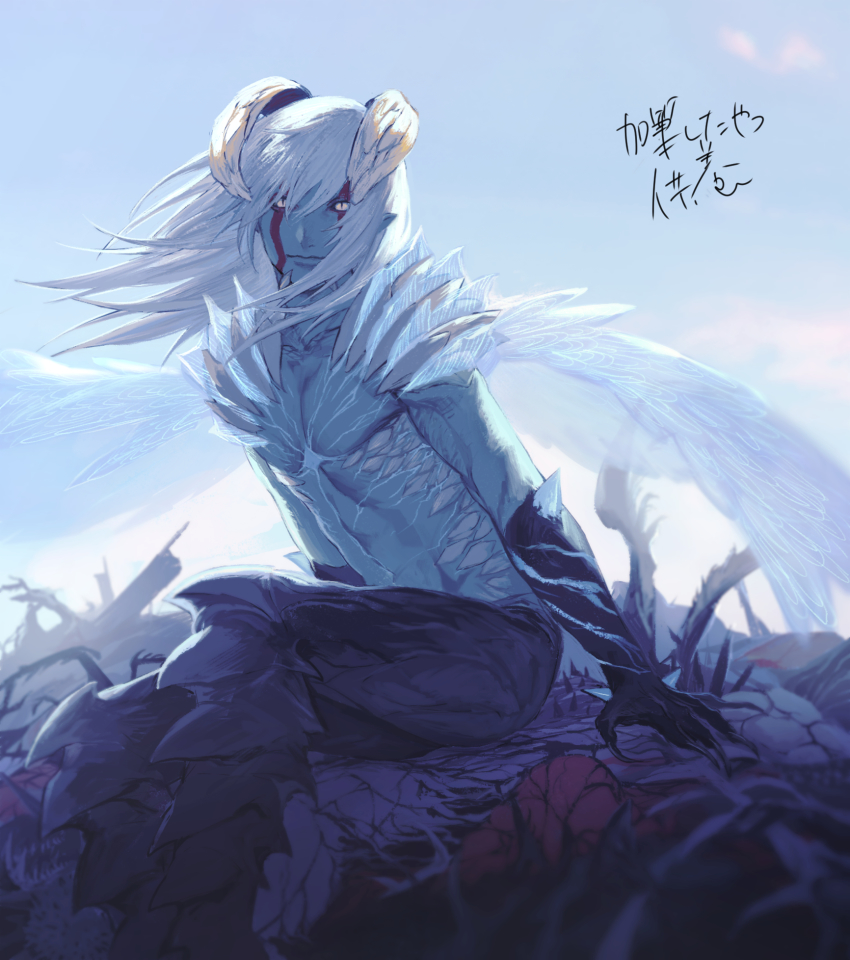 1boy, arm_support, backlighting, blue_skin, claws, colored_skin, demon, demon_boy