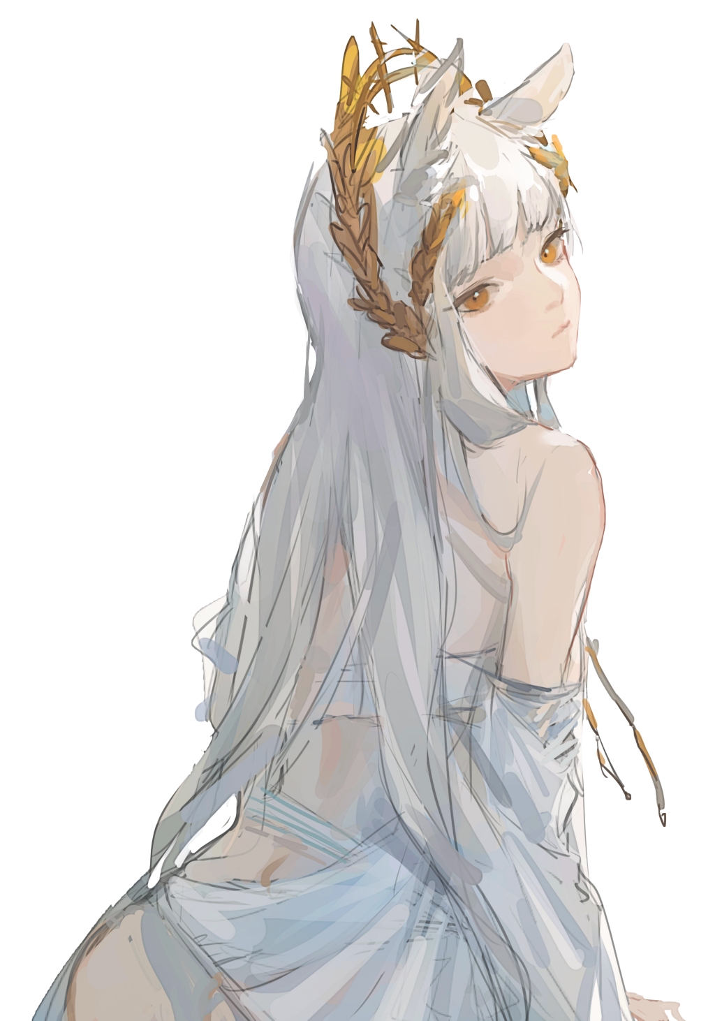 1girl, animal_ears, arknights, bare_shoulders, chinese_commentary, closed_mouth, commentary_request, expressionless