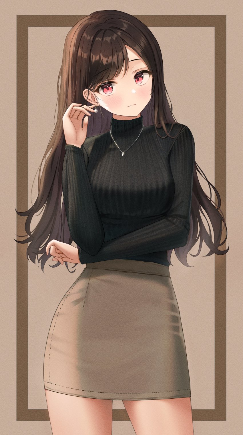 1girl, absurdres, black_sweater, brown_hair, brown_skirt, commentary, dress, earrings