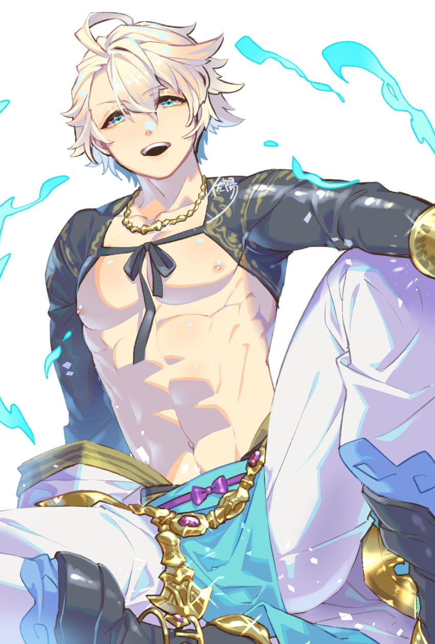 1boy, abs, ahoge, aladdin_(sinoalice), arabian_clothes, bad_id, bad_pixiv_id, baggy_pants, bare_pectorals, blonde_hair, blue_eyes, boots, chain, gold, happy, highres, jewelry, looking_at_viewer, male_focus, necklace, open_mouth, pants, pectorals, short_hair, simple_background, sinoalice, sitting, skky3, solo, waist_cape, white_background