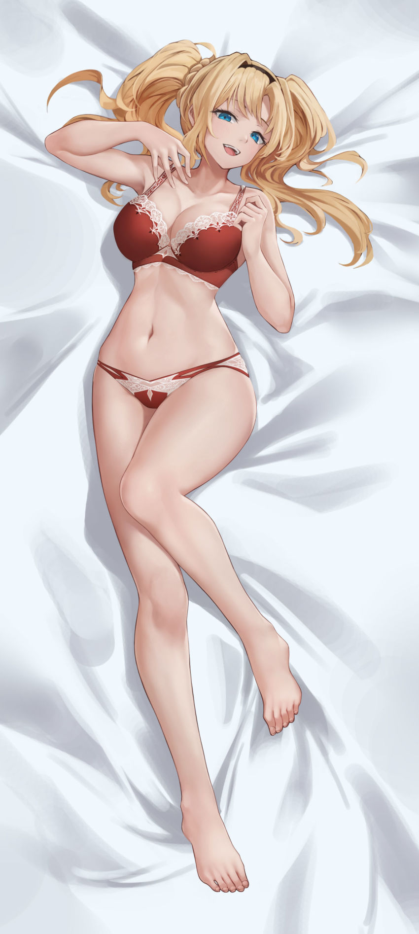 1girl, absurdres, bare_shoulders, blonde_hair, blue_eyes, blush, bra, breasts