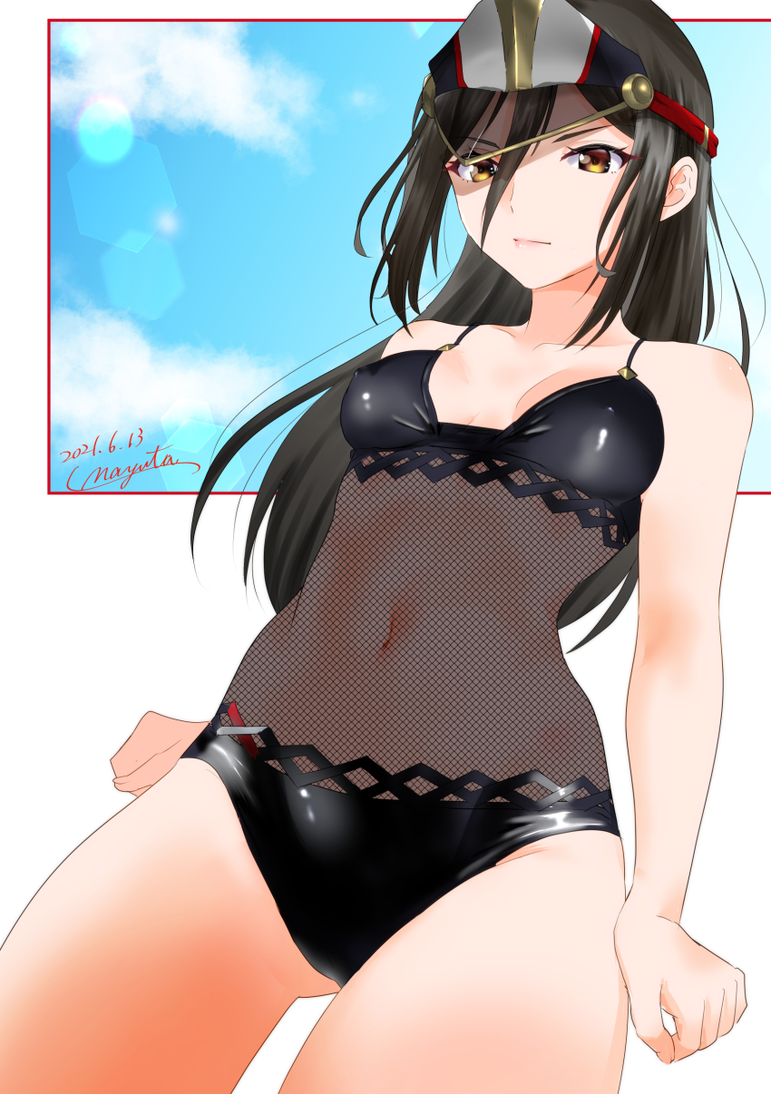 1girl, absurdres, black_hair, breasts, brown_eyes, cloud, hair_down, hat