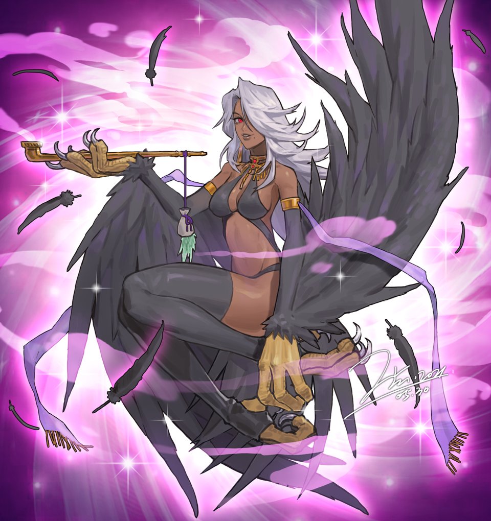 1girl, animal_feet, animal_hands, armlet, artist_name, bag, bare_shoulders, black_feathers, black_thighhighs, black_wings, breasts, choker, claws, dark-skinned_female, dark_skin, feathered_wings, feathers, hair_over_one_eye, holding, holding_smoking_pipe, jewelry, jin_(sirius-j), long_hair, medium_breasts, midriff, mole, mole_under_mouth, original, parody, parted_lips, pink_background, red_eyes, signature, smoke, smoking_pipe, solo, stirrup_legwear, style_parody, talons, thighhighs, toeless_legwear, white_hair, winged_arms, wings, yu-gi-oh!