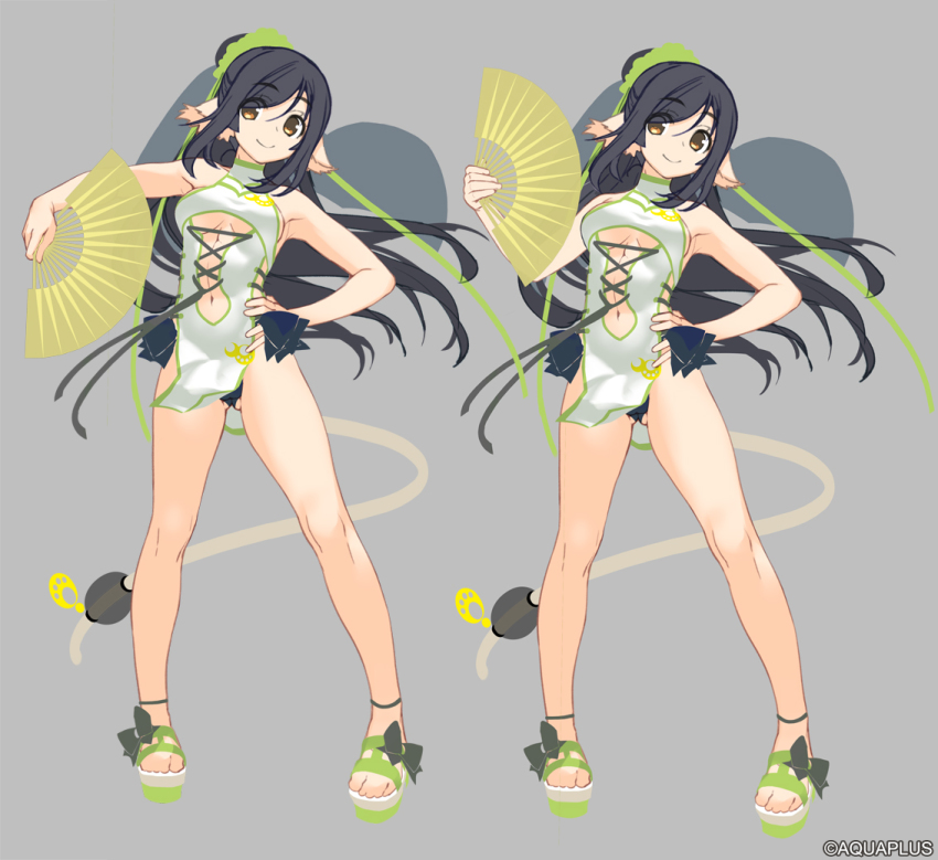 1girl, amazuyu_tatsuki, animal_ears, aquaplus, bare_arms, bare_legs, bare_shoulders, black_hair