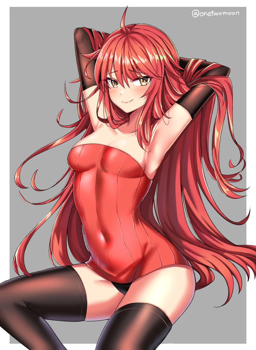 1girl, absurdres, ahoge, arm_warmers, armpits, arms_behind_head, arms_up, bare_shoulders