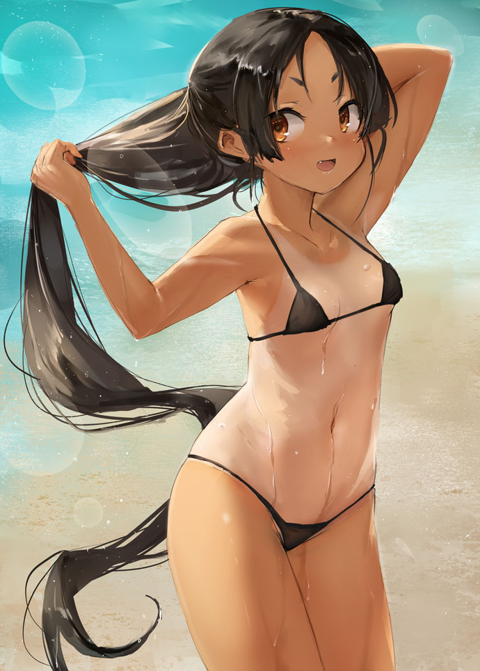 1girl, beach, bikini, black_bikini, black_hair, blush, brown_eyes, cowboy_shot
