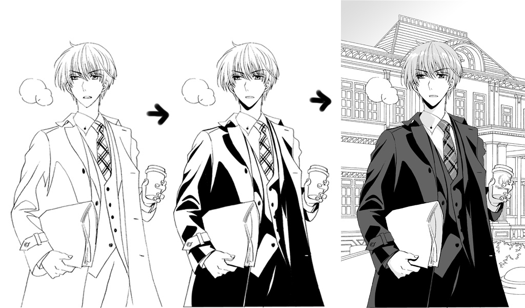 1boy, alternate_costume, breath, business_suit, coat, cold, cup, formal_clothes, greyscale, holding, holding_cup, how_to, kinoshita_sakura, la_corda_d'oro, lineart, male_focus, monochrome, necktie, outdoors, overcoat, plaid_clothes, plaid_necktie, plaid_neckwear, solo, suit, tsukimori_len