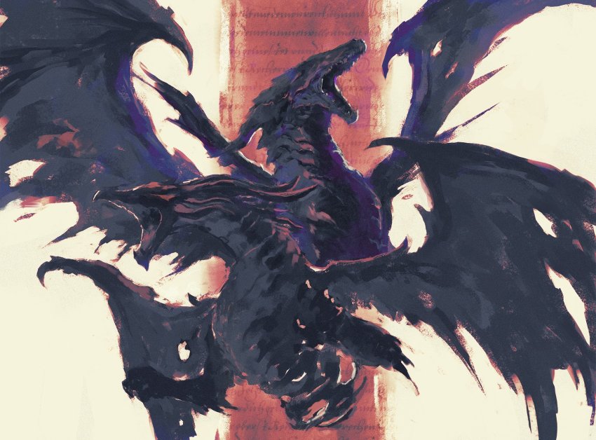 black_dragon_kalameet, commentary, dark_souls_(series), dark_souls_i, dark_souls_iii, darkeater_midir, dragon, english_commentary, highres, kalameet, no_humans, open_mouth, shimhaq, spread_wings