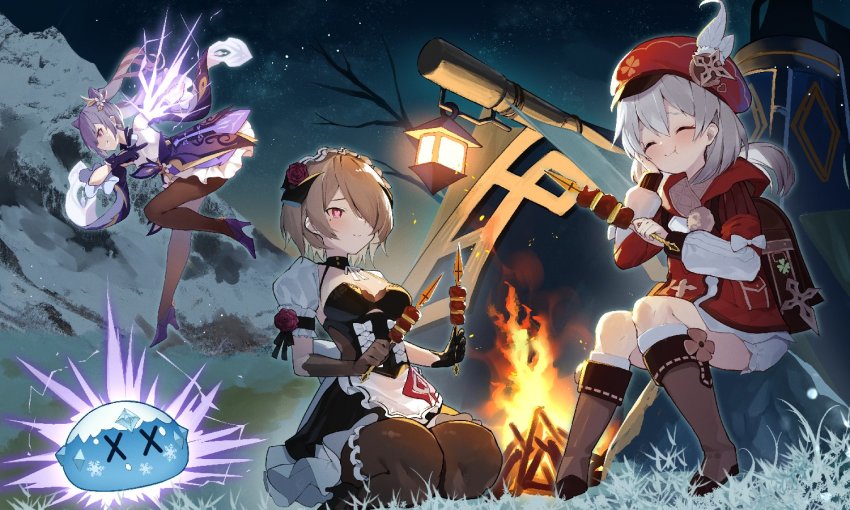 3girls, amagasa_yun, apron, asymmetrical_gloves, backpack, bag, bare_shoulders, beret