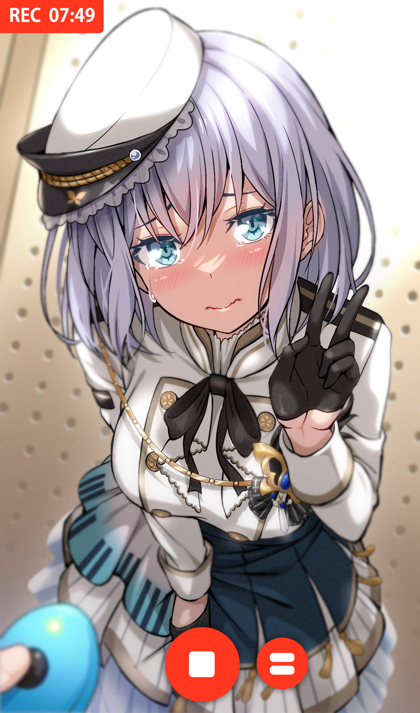 1girl, aiguillette, bang_dream!, bang_dream!_girls_band_party!, beret, between_legs, black_gloves, black_ribbon, blue_eyes, blush, breasts, cage_unlimited, closed_mouth, controller, covering_crotch, covering_privates, cowboy_shot, dress, dutch_angle, fake_phone_screenshot, fake_screenshot, frilled_dress, frills, gloves, half_gloves, hand_between_legs, hat, head_tilt, highres, implied_vibrator, kurata_mashiro, leaning_forward, long_sleeves, looking_at_viewer, medium_breasts, medium_hair, neck_ribbon, pov, recording, remote_control, remote_control_vibrator, ribbon, sex_toy, sidelocks, silver_hair, solo, standing, tears, v, vibrator, wavy_mouth, white_dress, white_hat, wireless_sex_toy_controller
