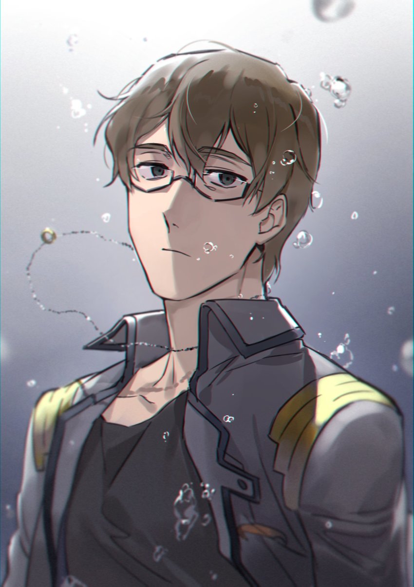 1boy, adam_(voltron), black_eyes, black_shirt, brown_hair, closed_mouth, glasses, highres
